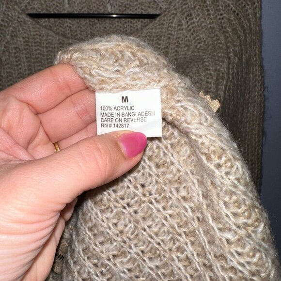 Women's Chunky Knit Sweater Medium Beige Gold Zipper Scoop Neck Long Sleeve Top - Picture 4 of 4